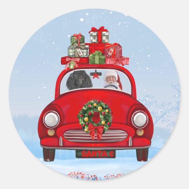 Poodle Dog In Car With Santa Claus  Classic Round Sticker (Front)