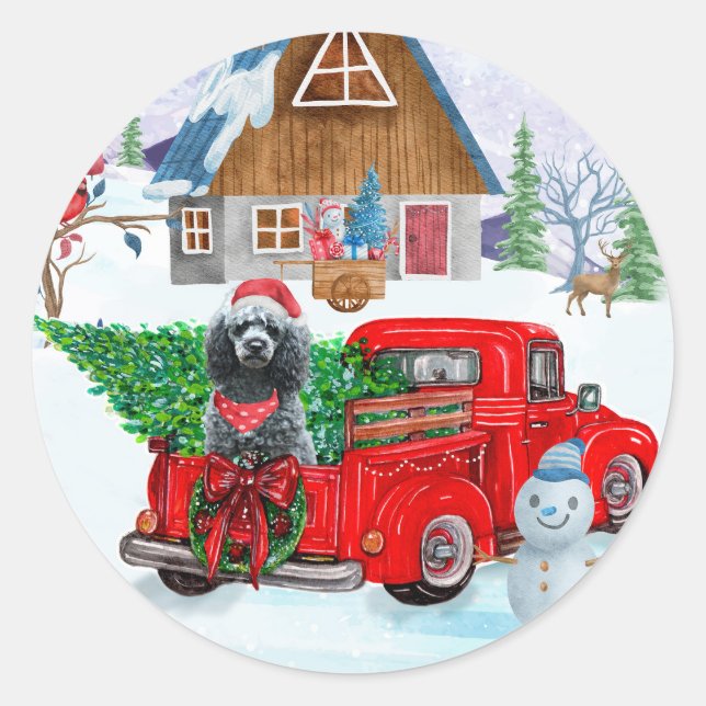 Poodle Dog In Christmas Delivery Truck Snow  Classic Round Sticker (Front)