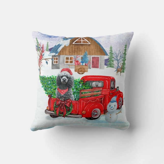 Poodle Dog In Christmas Delivery Truck Snow Cushion (Back)