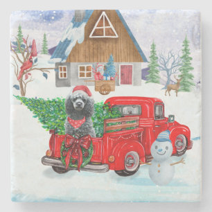 Poodle Dog In Christmas Delivery Truck Snow Stone Coaster