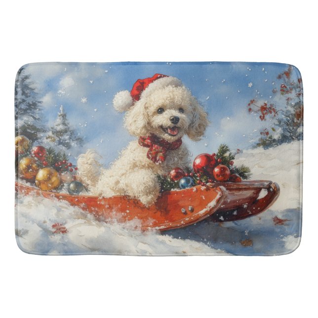 Poodle Dog in Sledge Let it Snow Christmas Bath Mat (Front)