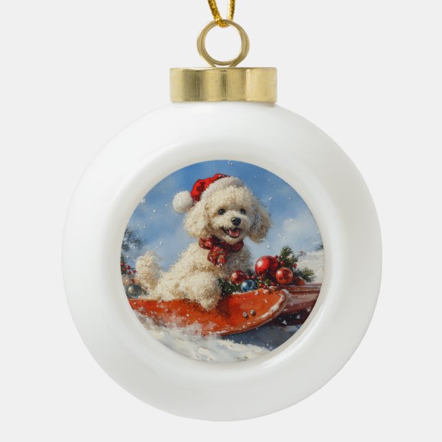 Poodle Dog in Sledge Let it Snow Christmas Ceramic Ball Christmas Ornament (Front)