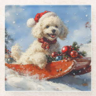 Poodle Dog in Sledge Let it Snow Christmas Glass Coaster