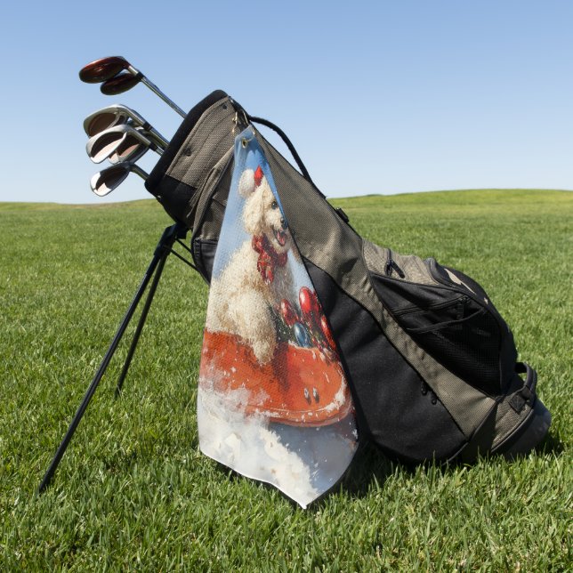 Poodle Dog in Sledge Let it Snow Christmas Golf Towel (Green)