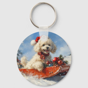 Poodle Dog in Sledge Let it Snow Christmas Key Ring