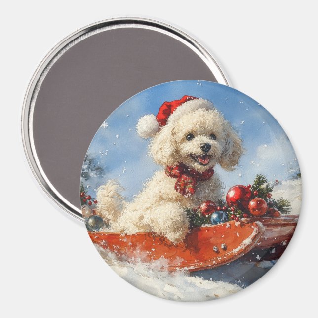 Poodle Dog in Sledge Let it Snow Christmas Magnet (Front/Back)
