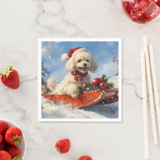 Poodle Dog in Sledge Let it Snow Christmas Napkin (Insitu)