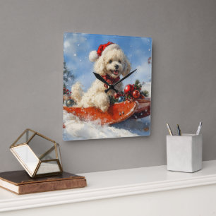Poodle Dog in Sledge Let it Snow Christmas Square Wall Clock