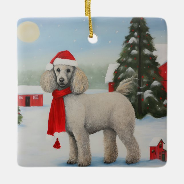 Poodle Dog in Snow Christmas Ceramic Ornament (Front)