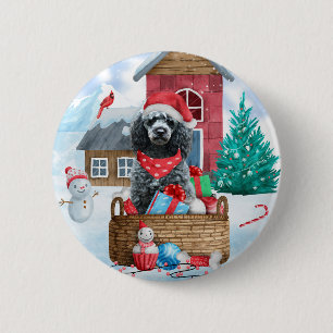 Poodle Dog In snow Christmas Dog House 6 Cm Round Badge