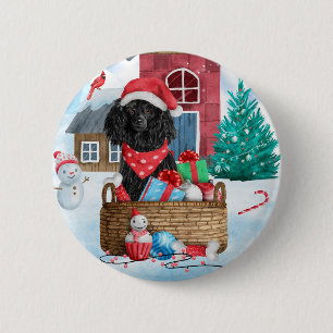 Poodle Dog In snow Christmas Dog House 6 Cm Round Badge