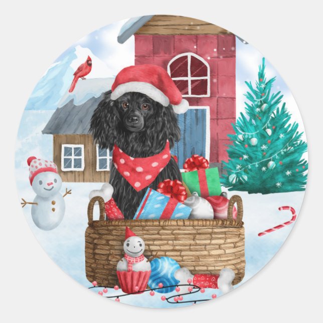 Poodle  Dog In snow Christmas Dog House  Classic Round Sticker (Front)