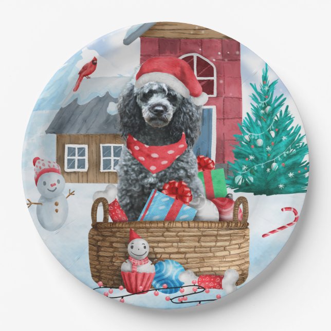 Poodle Dog In snow Christmas Dog House Paper Plate (Front)