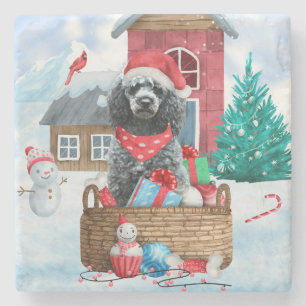 Poodle Dog In snow Christmas Dog House Stone Coaster