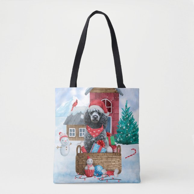 Poodle Dog In snow Christmas Dog House Tote Bag (Front)