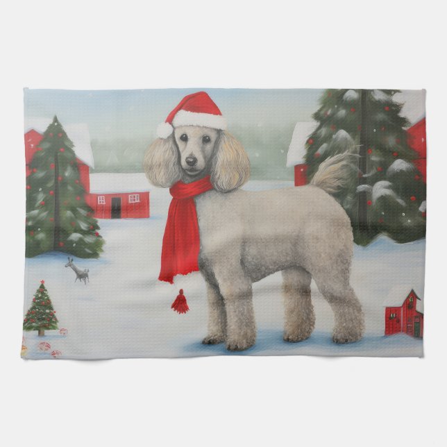 Poodle Dog in Snow Christmas Tea Towel (Horizontal)