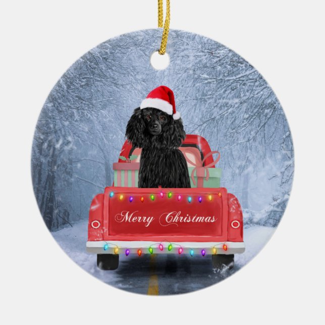 Poodle Dog in Snow sitting in Christmas Truck  Ceramic Tree Decoration (Front)