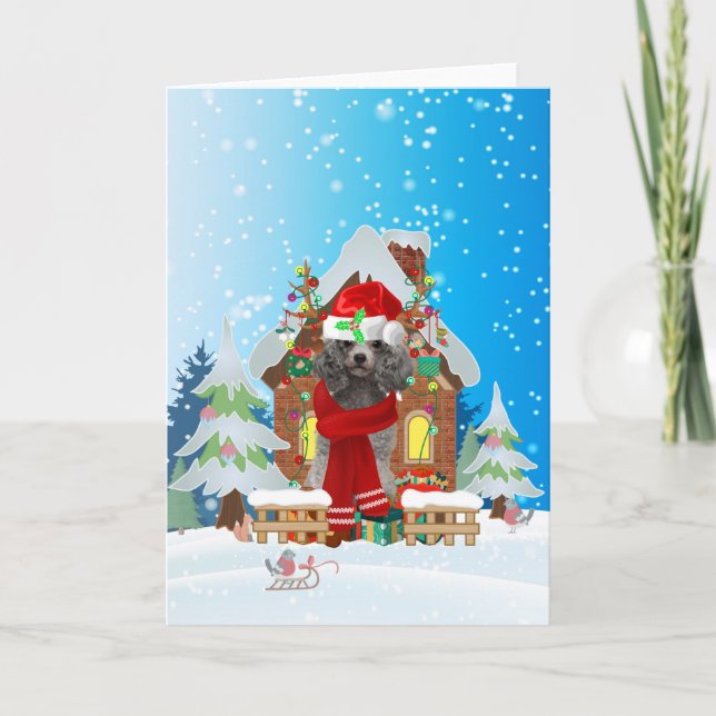 poodle Dog in snow with Christmas gifts  Card (Front)