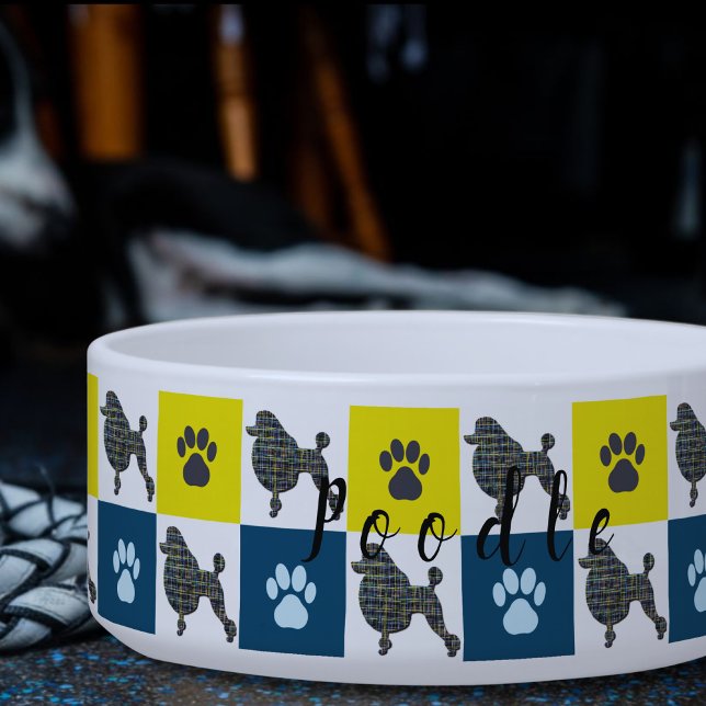 Poodle Dog & Paw Yellow & Blue Grid Dog Bowl (Creator Uploaded)