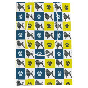 Poodle Dog & Paw Yellow & Blue Grid Lines Medium Gift Bag