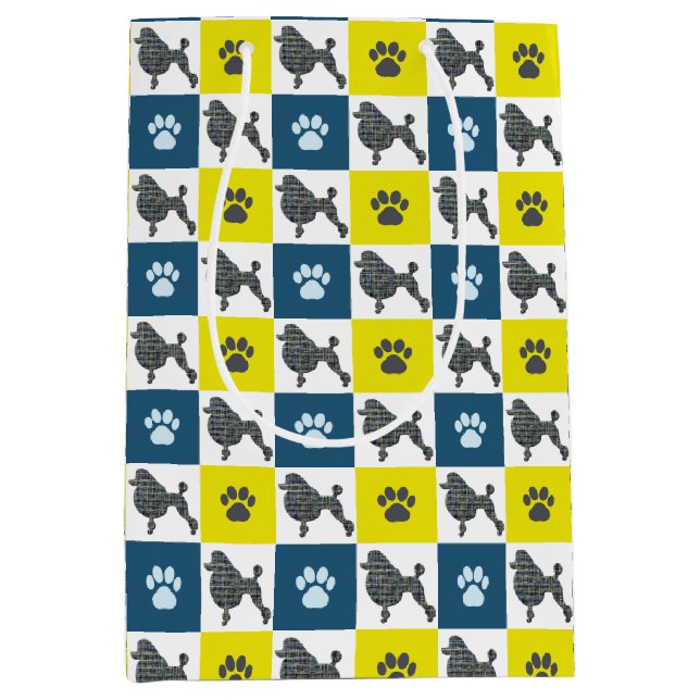 Poodle Dog & Paw Yellow & Blue Grid Lines Medium Gift Bag (Front)