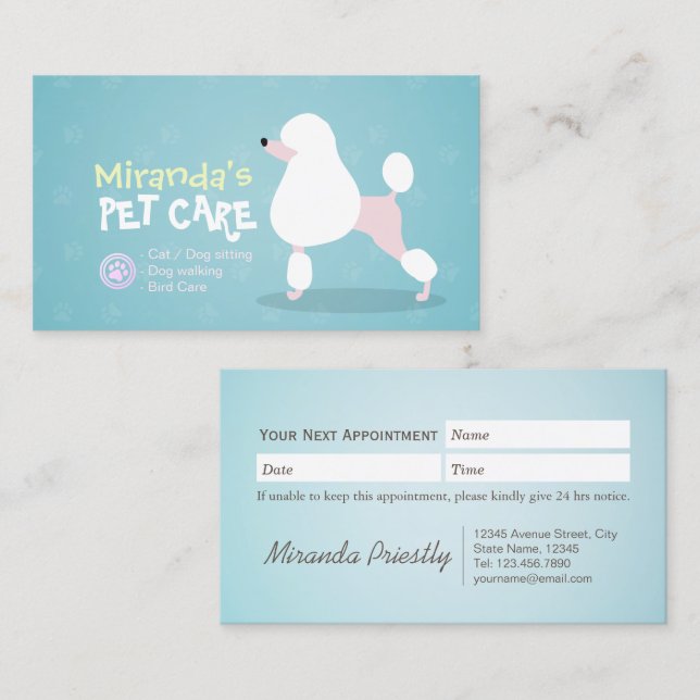 Poodle Dog Pet Care Sitting Bathing Grooming Salon Appointment Card (Front/Back)