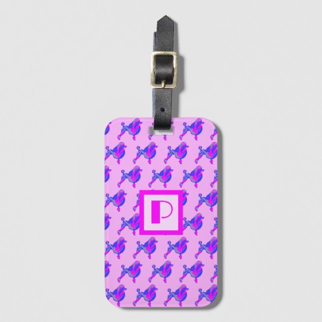 Poodle Dog Pink & Blue Silhouette Monogram Luggage Tag (Front Vertical)