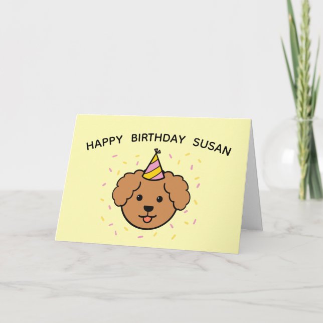 Poodle Dog | Pink & Yellow Birthday Folded Card (Front)