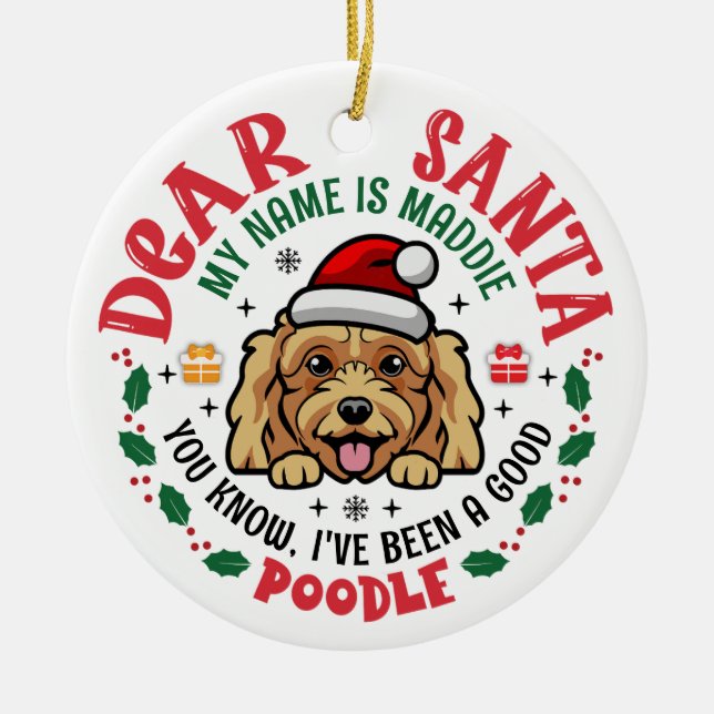 Poodle Dog Santa Personalised Christmas Tree Round Ceramic Tree Decoration (Front)