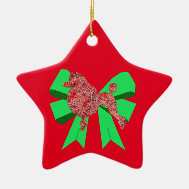 Poodle Dog Silhouette Green Bow Christmas Ceramic Tree Decoration (Front)