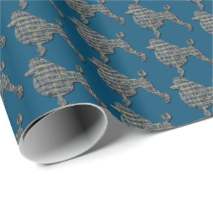Poodle Dog Silhouette Yellow & Blue Grid Blue Wrapping Paper