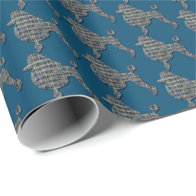 Poodle Dog Silhouette Yellow & Blue Grid Blue Wrapping Paper (Roll Corner)