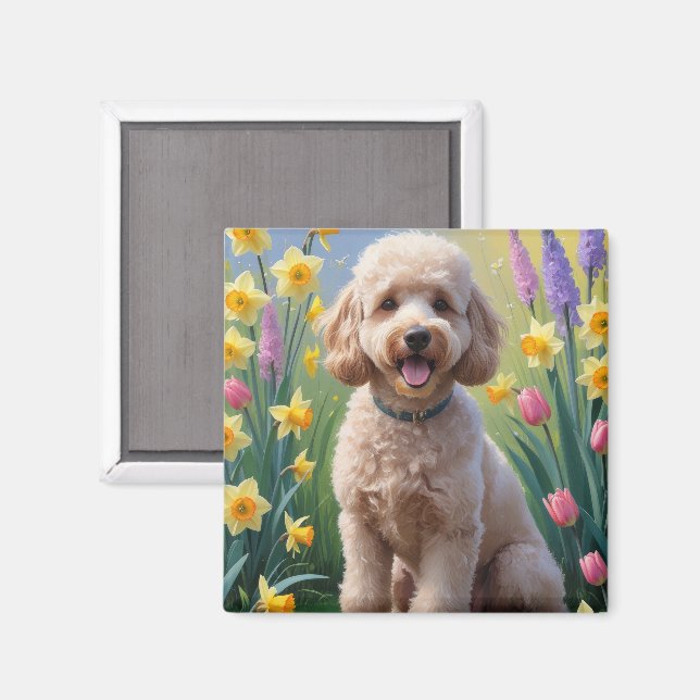 Poodle Dog Spring Flowers Painting Magnet (Front/Back)