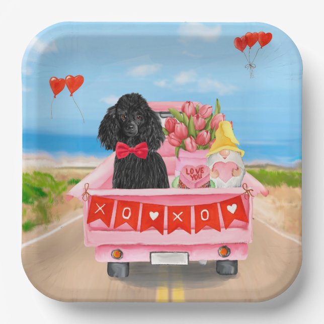 Poodle Dog Valentine's Day Truck Hearts Paper Plate (Front)
