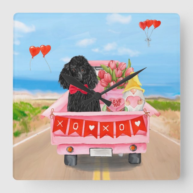 Poodle Dog Valentine's Day Truck Hearts Square Wall Clock (Front)
