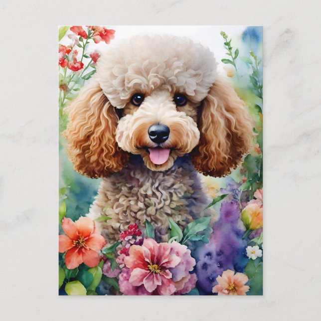 Poodle Dog Watercolor Floral Art Postcard (Front)