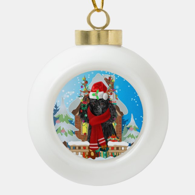 Poodle dog with Christmas gifts Ceramic Ball Christmas Ornament (Front)