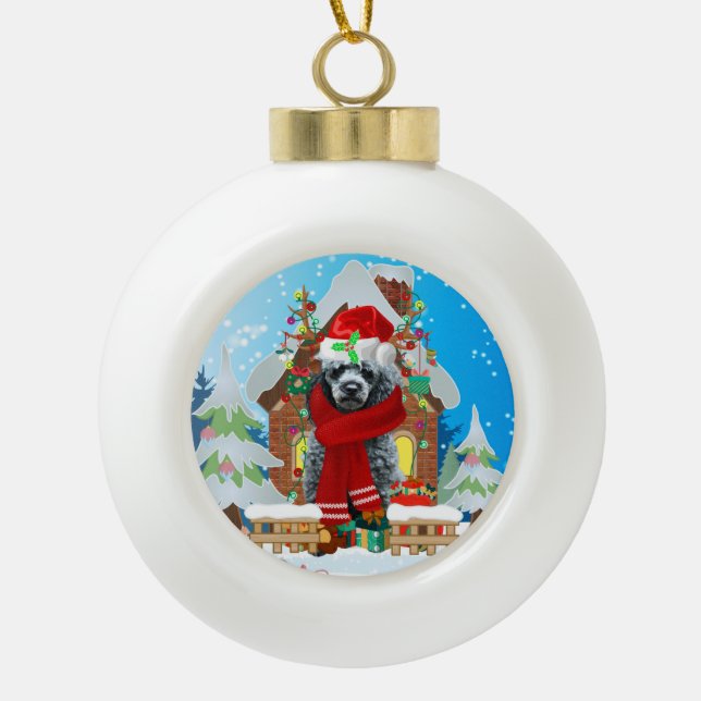 Poodle dog with Christmas gifts Ceramic Ball Christmas Ornament (Front)
