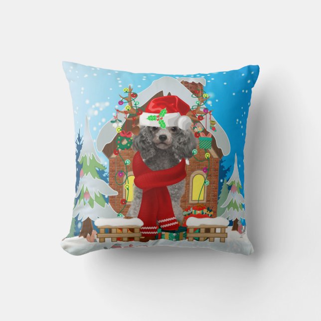 Poodle dog with Christmas gifts Cushion (Front)