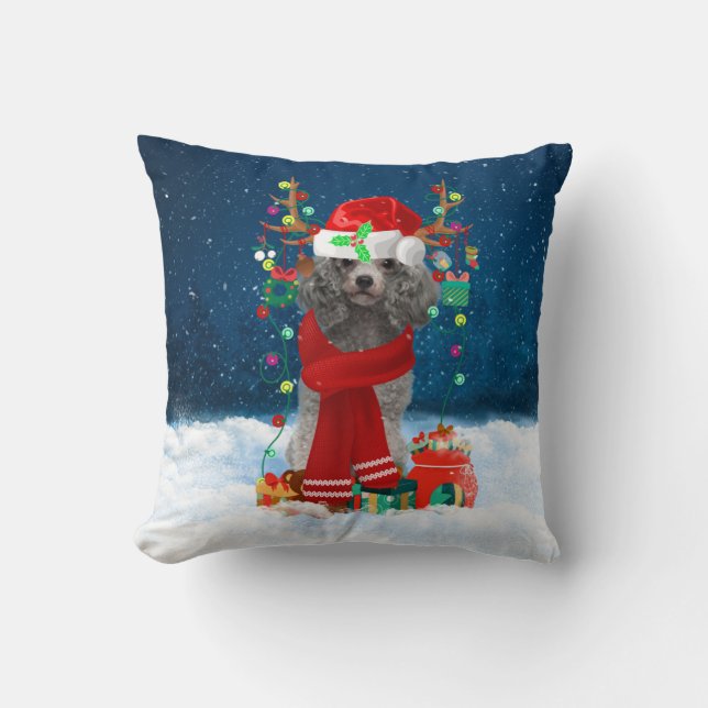 Poodle dog with Christmas gifts Cushion (Front)