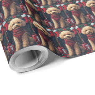 Poodle Dog With Christmas Gifts Fireplace Wrapping Paper