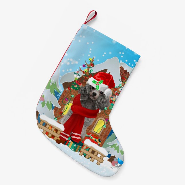 Poodle dog with Christmas gifts Small Christmas Stocking (Front (Hanging))
