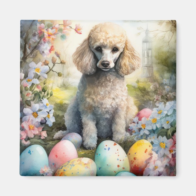 Poodle Dog with Easter Eggs Holiday Magnet (Front)