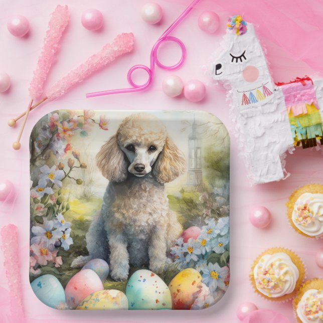 Poodle Dog with Easter Eggs Holiday Paper Plate (Party)