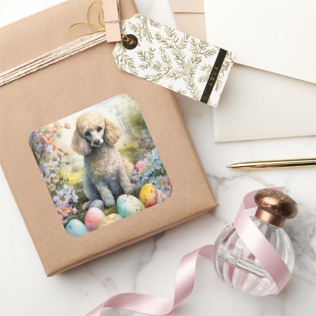 Poodle Dog with Easter Eggs Holiday Square Sticker (Gifting)
