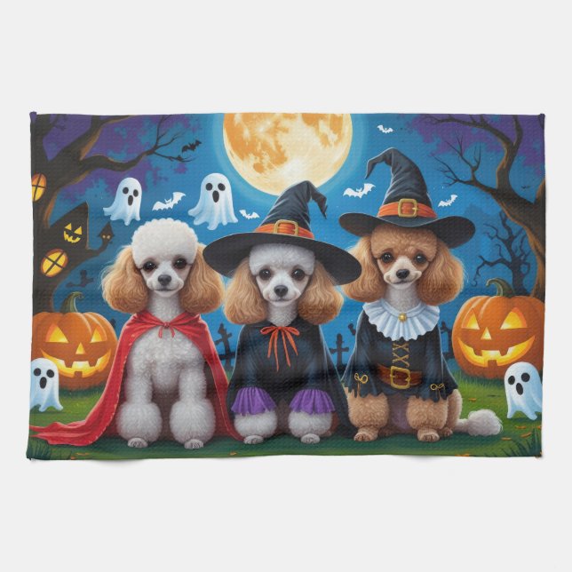 Poodle Dogs Pumpkin Halloween Funny Tea Towel (Horizontal)