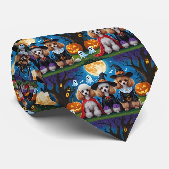 Poodle Dogs Pumpkin Halloween Funny Tie (Rolled)