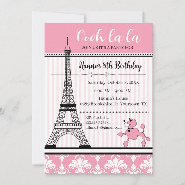 Poodle & Eiffel Tower Theme Birthday Invitation (Front)