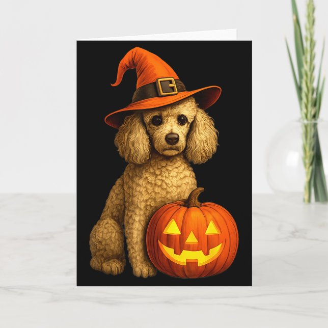 Poodle Halloween Pumpkin Witch Hat Dog Art Family  Card (Front)