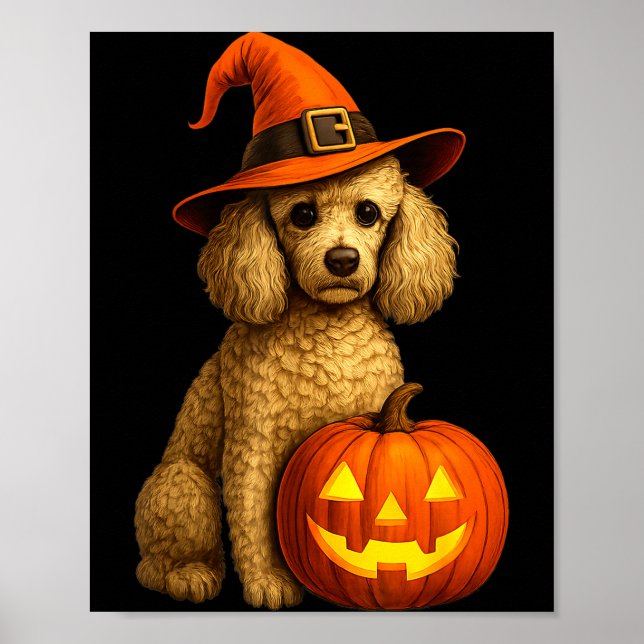 Poodle Halloween Pumpkin Witch Hat Dog Art Family  Poster (Front)